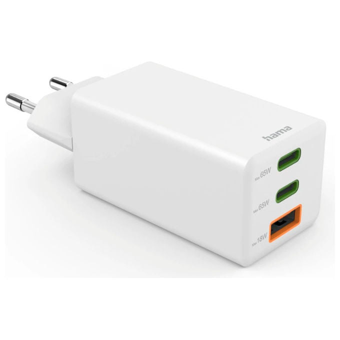 Hama 00201996 Caricatore USB Rapido GaN 3 Porte 2x USB-C PD 1x USB-A QC 3.0 65W colore Bianco