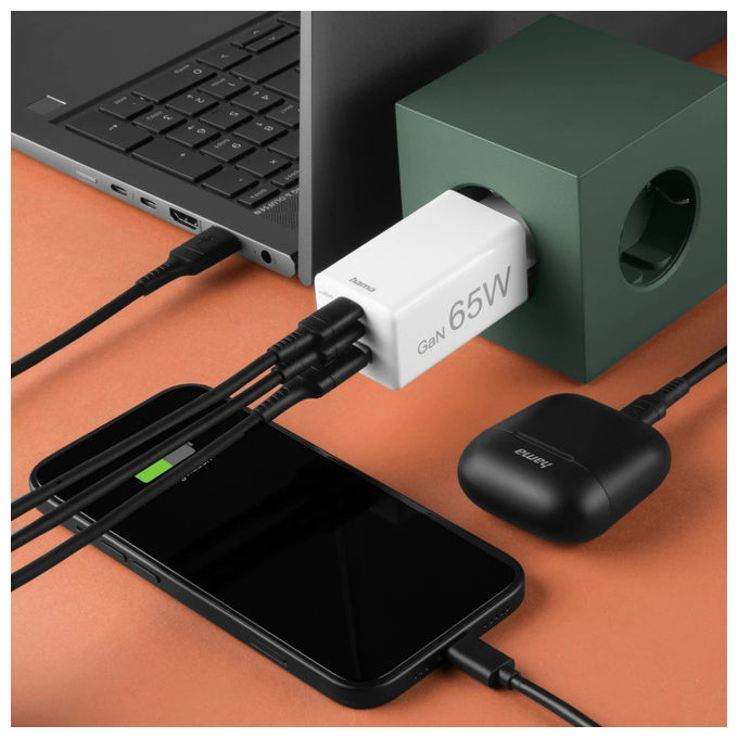 Hama 00201996 Caricatore USB Rapido GaN 3 Porte 2x USB-C PD 1x USB-A QC 3.0 65W colore Bianco