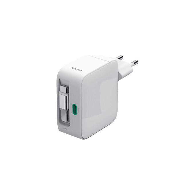 Hama 00200025 Caricabatterie rapido GaN 65W 2x USB-C cavo retrattile integrato 70cm Power Delivery Quick Charge 3.0 colore Bianco