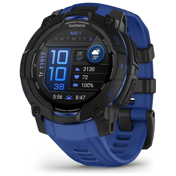 Garmin 010-02936-03 Instinct 3 Smartwatch 45mm Display AMOLED 1.2'' GPS Multi-banda 10ATM Autonomia 18 giorni colore Bolt Blue