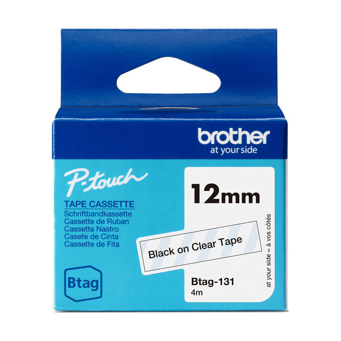 Brother BTAG131 Nastro per Etichettatrice P-touch 12 mm x 4 m non laminato colore Nero su Trasparente