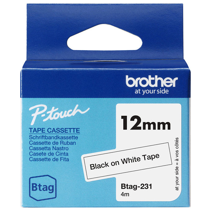 Brother BTAG-231 Nastro per Etichettatrice 12mm x 4m compatibile P-Touch N10 N20 N25BT colore Nero su Bianco