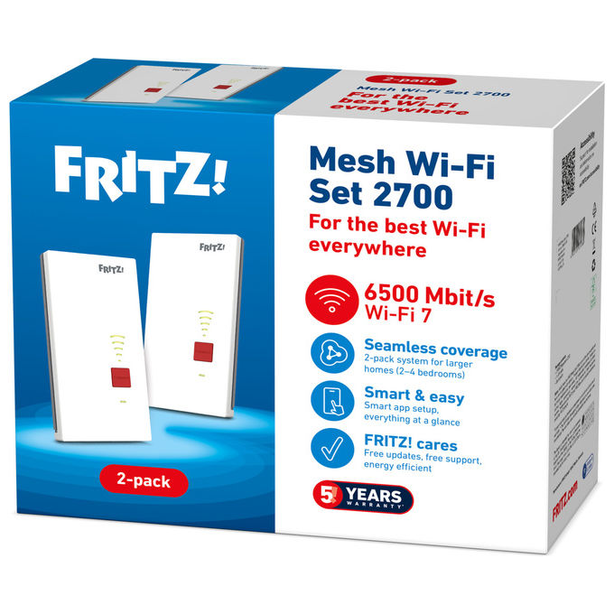 Fritz! 20003138 Mesh Set 2700 Ripetitore di rete Wi-Fi 7 Dual-band 2.4 5 GHz 6448 Mbit-s 2.5 Gigabit Ethernet colore Bianco