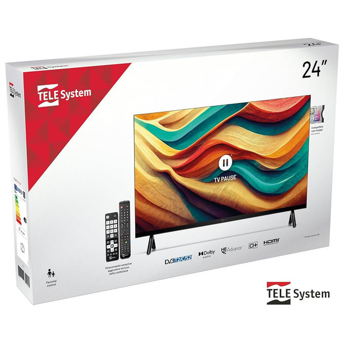 TELE System TS24LS15 TV LED 24'' HD Ready DVB-T2 DVB-S2 HEVC 10bit CAM tivu'sat Hotel Mode USB Media Player colore Nero