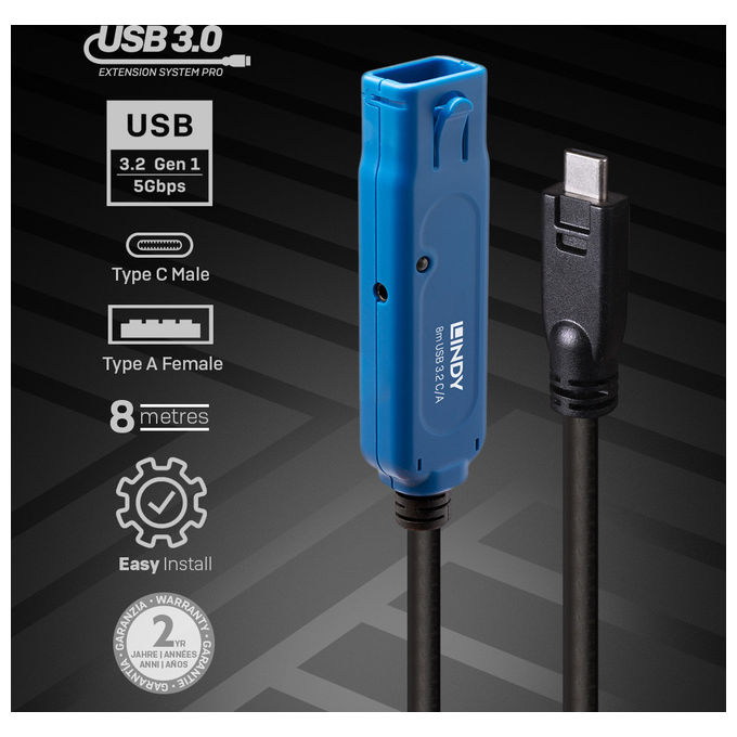 Lindy 43381 Cavo USB 3.2 Gen 1 Attivo 8 m USB C Maschio USB A Femmina 5 Gbit-s colore Nero Blu