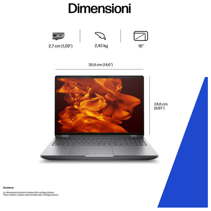 HP 98L57ET ZBook Fury G1i Workstation Mobile 16 pollici Intel Core Ultra 9 285HX 64GB DDR5 2TB SSD NVIDIA RTX PRO 4000 Wien 11 pro colore Argento