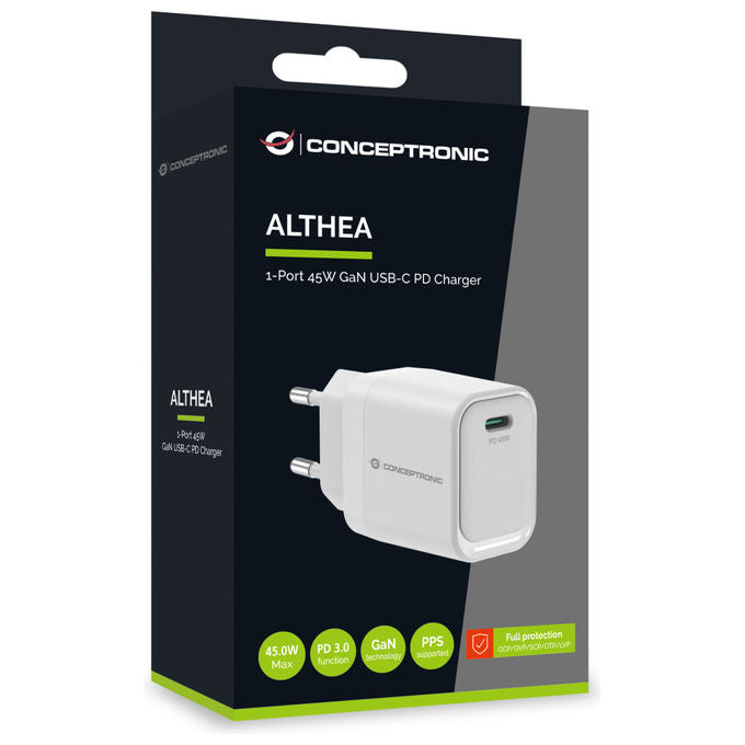 Conceptronic ALTHEA19W45 Caricatore USB-C GaN 45W Power Delivery 3.0 PPS Ricarica Rapida colore Bianco