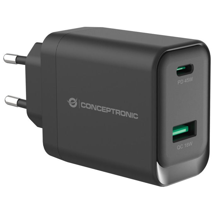 Conceptronic ALTHEA20B45 Caricatore USB GaN 45W 2 Porte USB-C USB-A Power Delivery 3.0 PPS Quick Charge 3.0 colore Nero