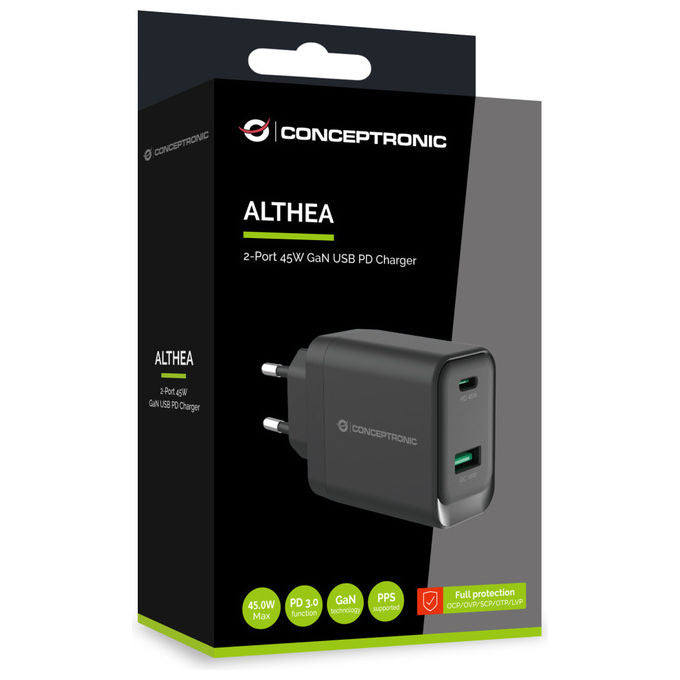 Conceptronic ALTHEA20B45 Caricatore USB GaN 45W 2 Porte USB-C USB-A Power Delivery 3.0 PPS Quick Charge 3.0 colore Nero