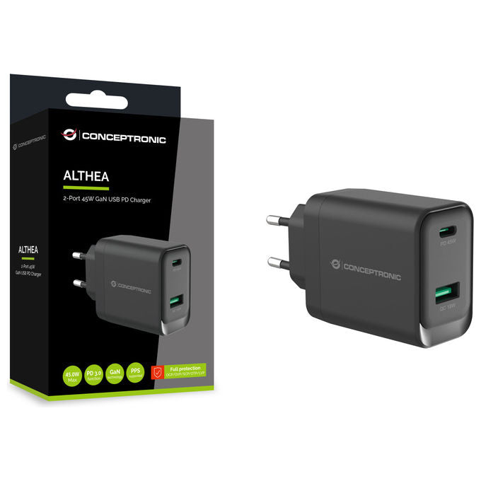 Conceptronic ALTHEA20B45 Caricatore USB GaN 45W 2 Porte USB-C USB-A Power Delivery 3.0 PPS Quick Charge 3.0 colore Nero