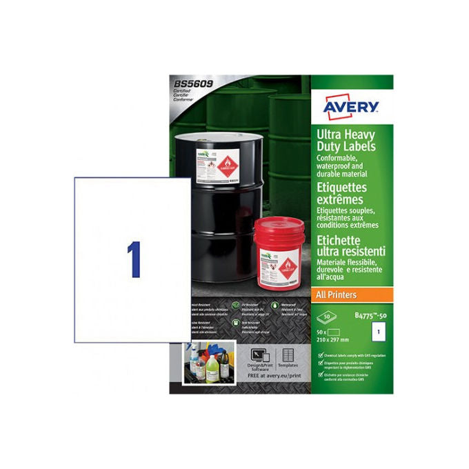 Avery B4775-50 Etichette in Teslin A4 210x297 mm Permanente Impermeabile UV Resistente 1 et-foglio 50 fogli colore Bianco