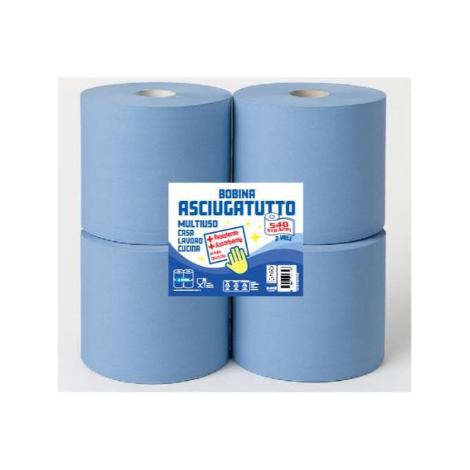 Scatolificio 1-BOB540STRBLU Bobina Asciugatutto 2 Veli 540 Strappi 4 Bobine Cellulosa colore Blu