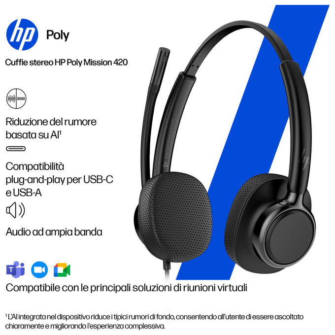 HP Poly C01B2AA Mission 415 Cuffie Monoaurali USB-C Microfono Noise Cancelling Cavo 2 m colore Nero