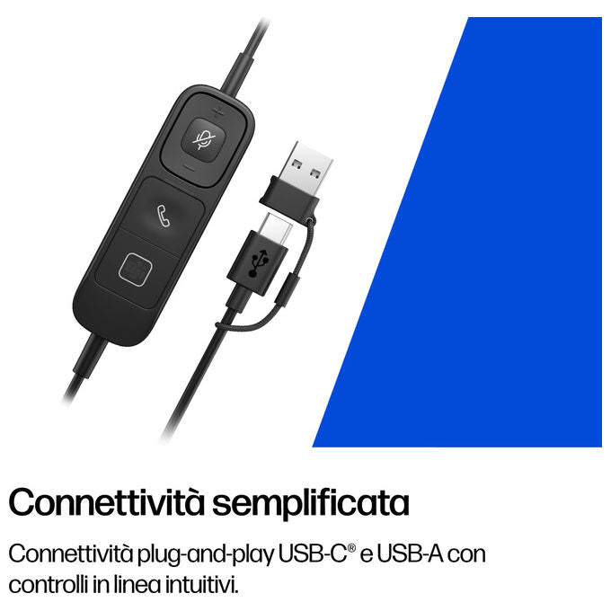 HP Poly C01C6AA Mission 625 Cuffie Stereo Cablate USB-C Microfono Boom Cancellazione Rumore IA Busy Light colore Nero