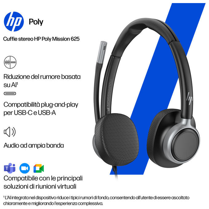HP Poly C01C6AA Mission 625 Cuffie Stereo Cablate USB-C Microfono Boom Cancellazione Rumore IA Busy Light colore Nero
