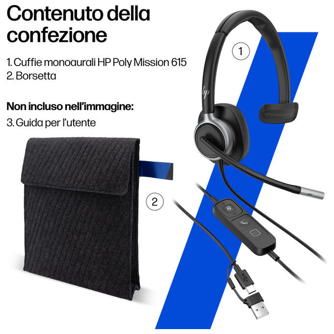 HP Poly C01C6AA Mission 625 Cuffie Stereo Cablate USB-C Microfono Boom Cancellazione Rumore IA Busy Light colore Nero