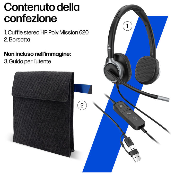 HP Poly C01C6AA Mission 625 Cuffie Stereo Cablate USB-C Microfono Boom Cancellazione Rumore IA Busy Light colore Nero