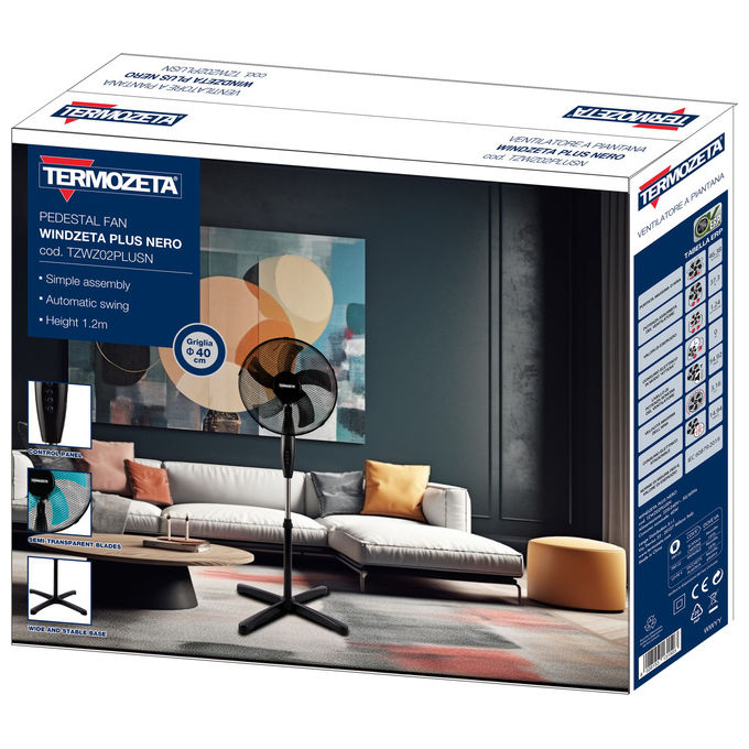 Termozeta TZWZ02PLUSN Windzeta Plus Ventilatore a piantana 5 pale 3 velocita' 40W oscillazione automatica colore Nero