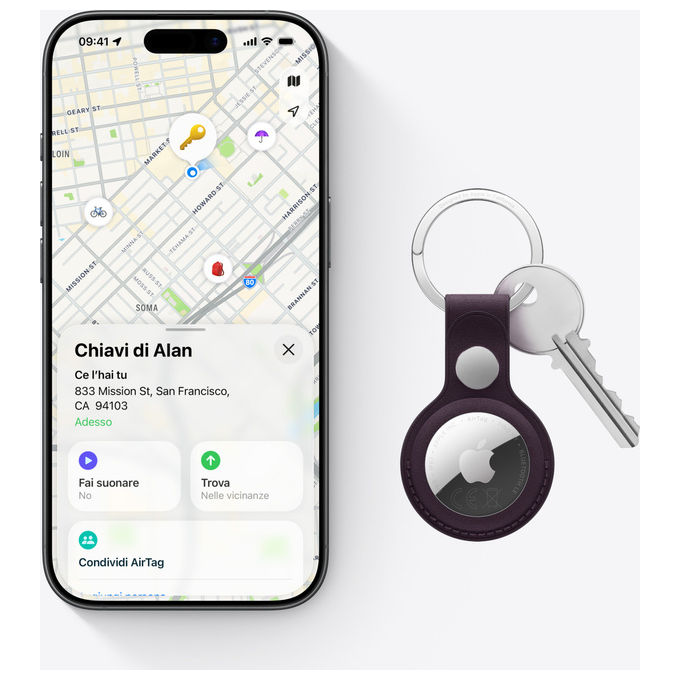 Apple MFE94ZY-A AirTag Cercatore Bluetooth NFC IP67 Batteria CR2032 colore Bianco Argento
