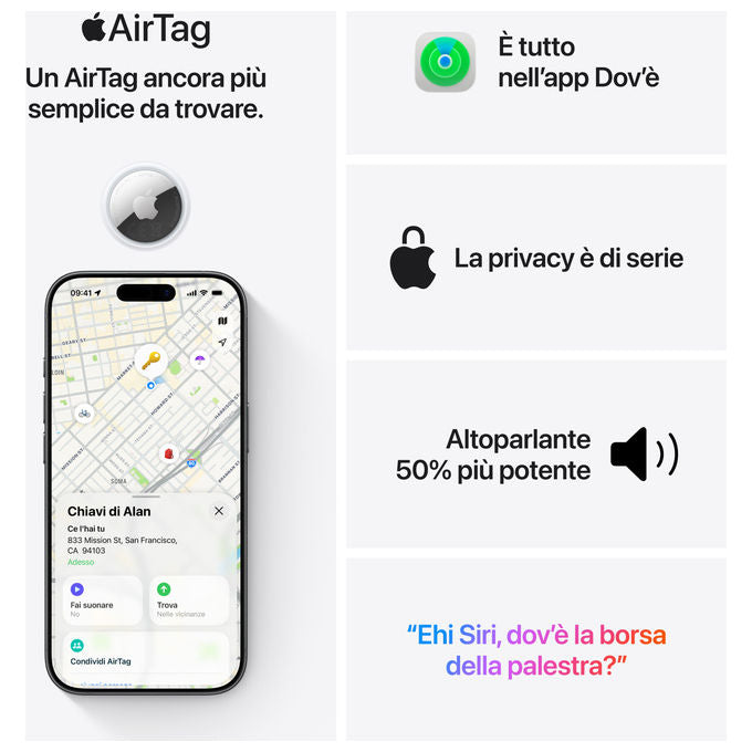 Apple MFE94ZY-A AirTag Cercatore Bluetooth NFC IP67 Batteria CR2032 colore Bianco Argento