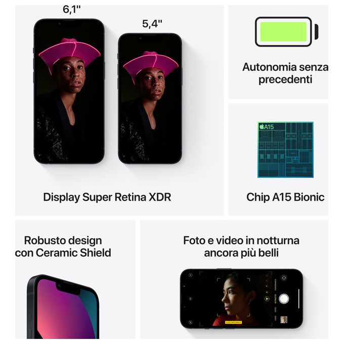 Apple MLPF3QL-A iPhone 13 Smartphone 5G 6.1'' 128GB Doppia Fotocamera 12MP iOS 15 IP68 colore Mezzanotte