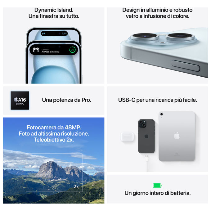 Apple MTP53QL-A iPhone 15 Smartphone 5G 6,1'' OLED 128GB Dual SIM USB-C Dynamic Island colore Verde