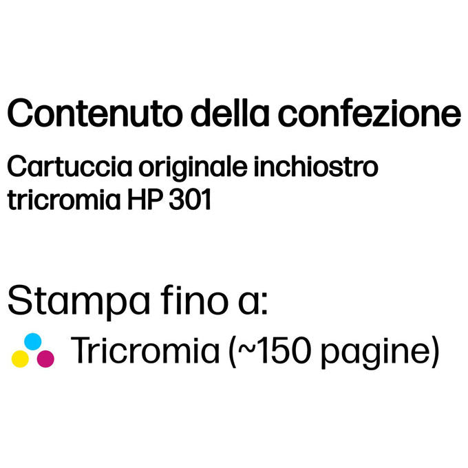 HP CH562EE Cartuccia originale inchiostro tricromia 301 Ciano Magenta Giallo 150 pagine 3 ml