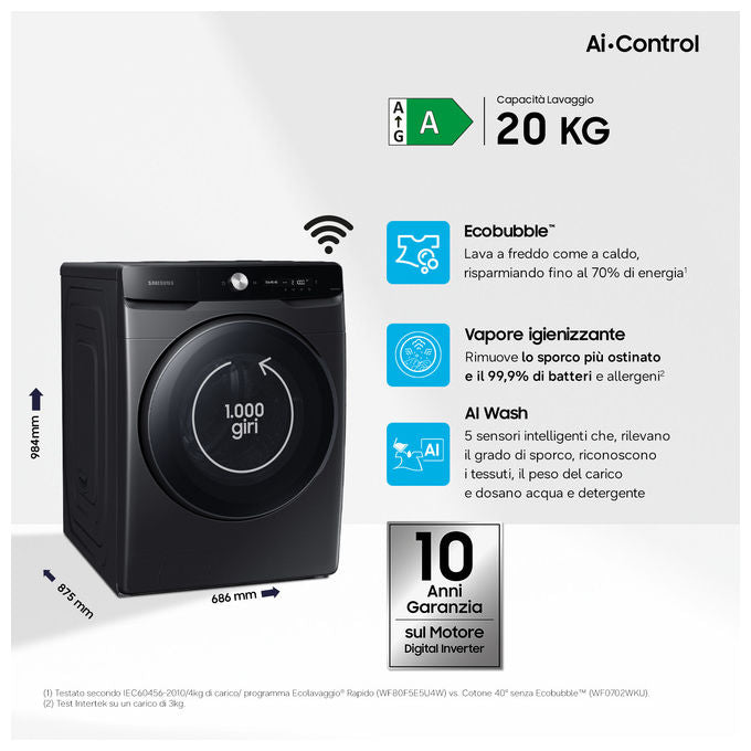 Samsung WF20DG8650BV Serie 8000 Lavatrice Caricamento Frontale 20 Kg 1000 rpm Classe A Wi-Fi AI Control ecobubble Vapore (98x68x87 cm) colore Nero