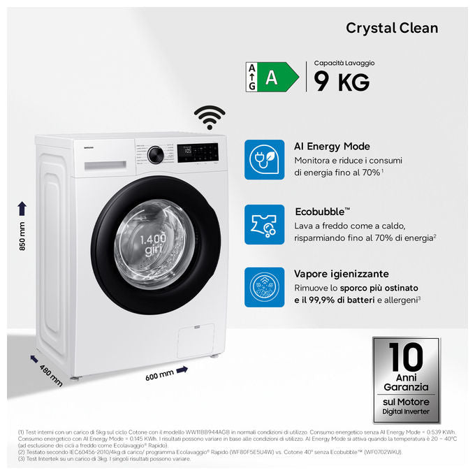 Samsung WW90DG5G34AEET Crystal Clean Lavatrice Frontale Slim 9 Kg 1400 rpm Classe A EcoBubble Vapore WiFi (85x60x48 cm) colore Bianco