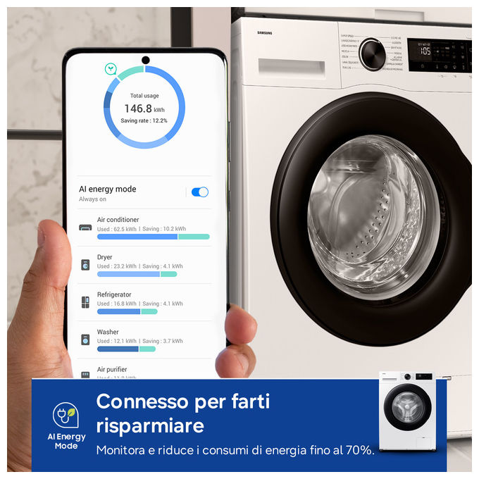 Samsung WW90DG5G34AEET Crystal Clean Lavatrice Frontale Slim 9 Kg 1400 rpm Classe A EcoBubble Vapore WiFi (85x60x48 cm) colore Bianco