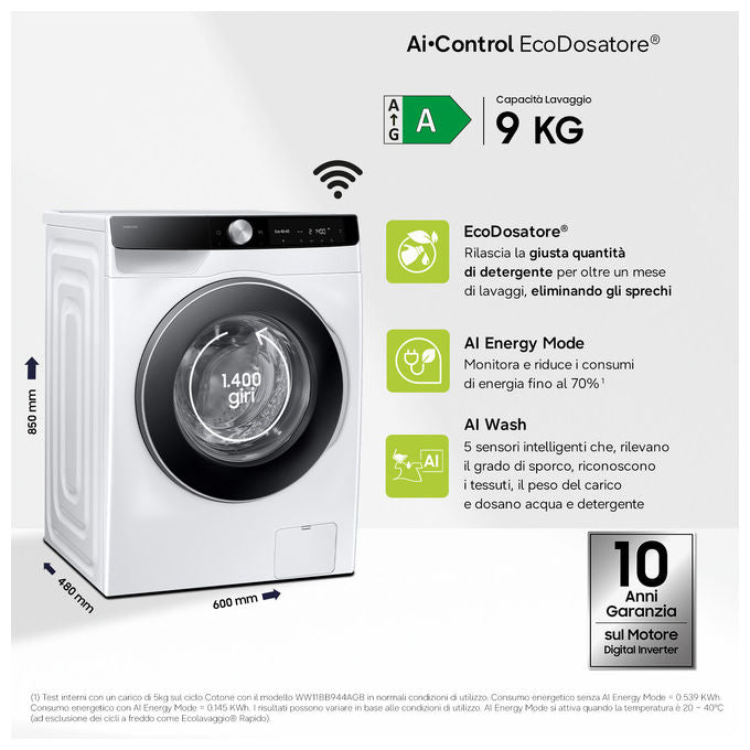 Samsung WW90DG6G94LKU3 Serie 6100D Lavatrice Frontale 9 Kg 1400 rpm Classe A AI Wash EcoDosatore Wi-Fi (85x60x48 cm) colore Bianco