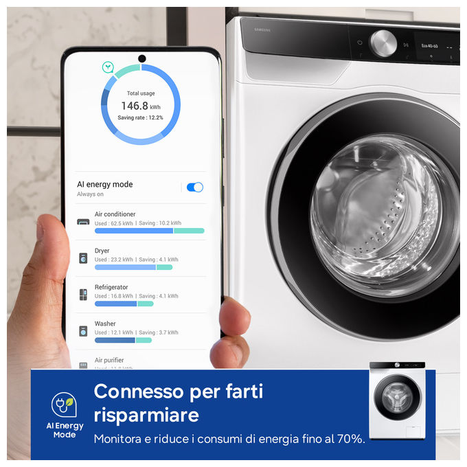 Samsung WW90DG6G94LKU3 Serie 6100D Lavatrice Frontale 9 Kg 1400 rpm Classe A AI Wash EcoDosatore Wi-Fi (85x60x48 cm) colore Bianco