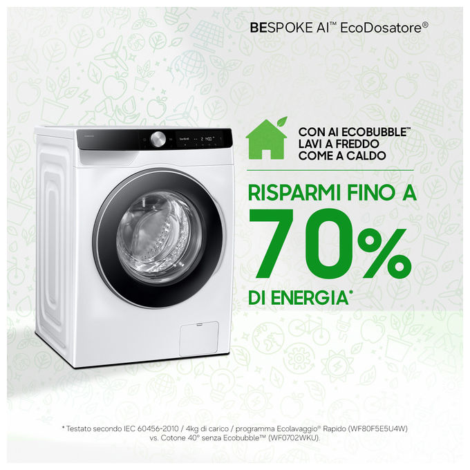 Samsung WW90DG6G94LKU3 Serie 6100D Lavatrice Frontale 9 Kg 1400 rpm Classe A AI Wash EcoDosatore Wi-Fi (85x60x48 cm) colore Bianco
