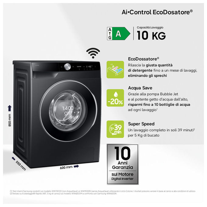 Samsung WW10FG6U94LBU3 AI Control Lavatrice Carica Frontale 10 Kg 1351 rpm Classe A Ecodosatore WiFi Vapore (85x60x56 cm) colore Nero