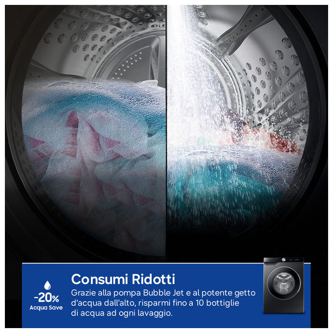 Samsung WW10FG6U94LBU3 AI Control Lavatrice Carica Frontale 10 Kg 1351 rpm Classe A Ecodosatore WiFi Vapore (85x60x56 cm) colore Nero