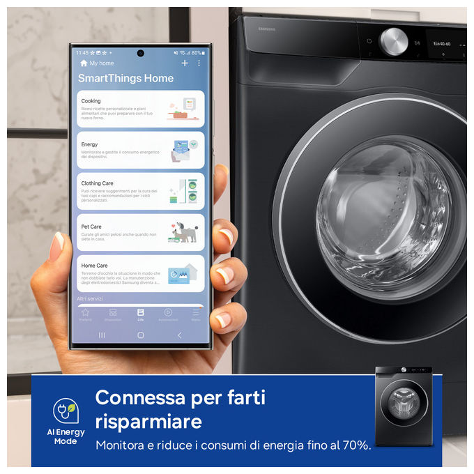 Samsung WW10FG6U94LBU3 AI Control Lavatrice Carica Frontale 10 Kg 1351 rpm Classe A Ecodosatore WiFi Vapore (85x60x56 cm) colore Nero