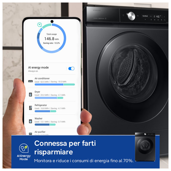 Samsung WW90DB8U95GB QuickDrive 8000 Lavatrice Frontale 9 Kg 1400 rpm Classe A Wi-Fi Vapore Ecodosatore (85x60x60 cm) colore Nero