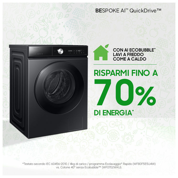 Samsung WW90DB8U95GB QuickDrive 8000 Lavatrice Frontale 9 Kg 1400 rpm Classe A Wi-Fi Vapore Ecodosatore (85x60x60 cm) colore Nero