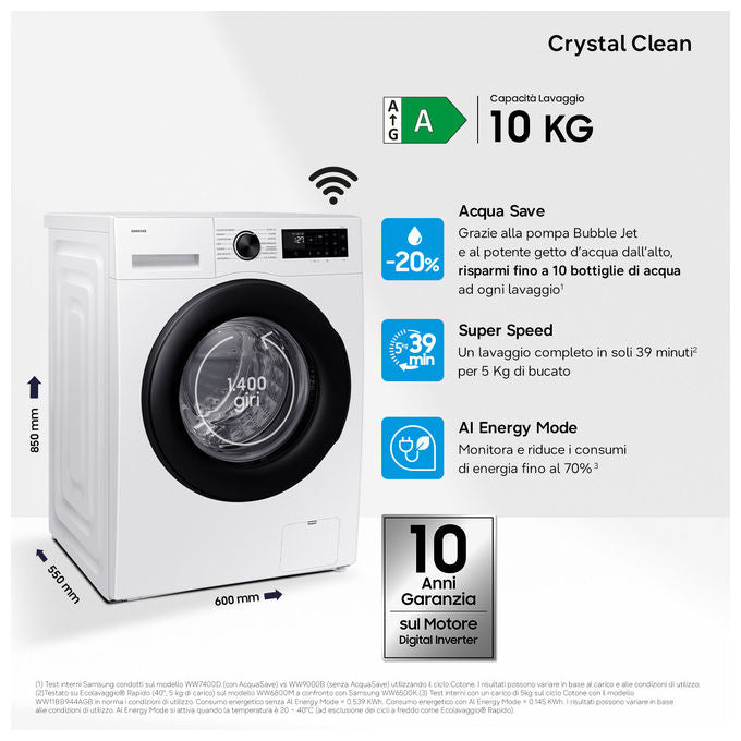 Samsung WW10FG5U34AEET Crystal Clean Lavatrice Carica Frontale 10 Kg 1400 rpm Classe A Wi-Fi Vapore EcoBubble (85x60x57.5 cm) colore Bianco