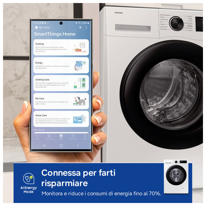Samsung WW10FG5U34AEET Crystal Clean Lavatrice Carica Frontale 10 Kg 1400 rpm Classe A Wi-Fi Vapore EcoBubble (85x60x57.5 cm) colore Bianco