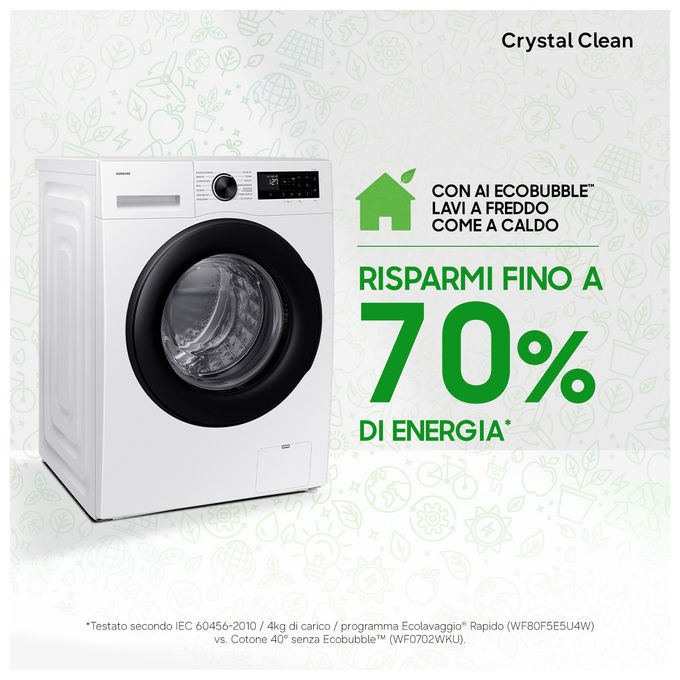 Samsung WW10FG5U34AEET Crystal Clean Lavatrice Carica Frontale 10 Kg 1400 rpm Classe A Wi-Fi Vapore EcoBubble (85x60x57.5 cm) colore Bianco