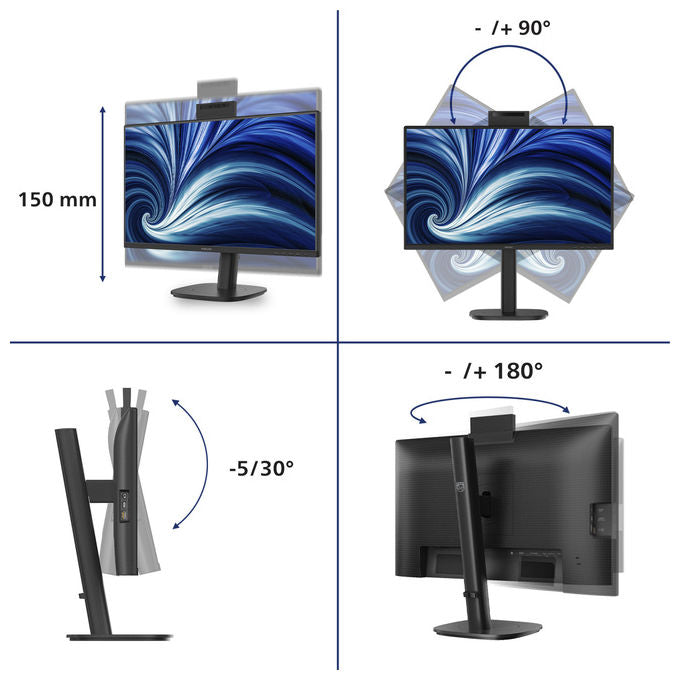 Philips 24B2N3200JH-00 Serie 3000 Monitor PC 23.8'' IPS Full HD 1920x1080 120Hz 4ms Webcam 5MP Altoparlanti USB Hub VESA colore Nero