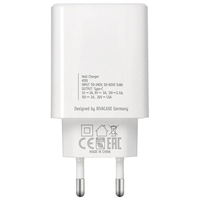 Rivacase PS4193 Caricatore da Muro 30W USB-C Power Delivery 3.0 PPS Ricarica Rapida colore Bianco