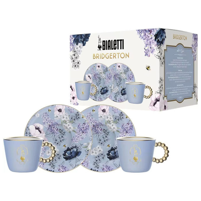 Bialetti BRID001 Bridgerton Set 2 Tazzine e 2 Piattini in Porcellana 80 ml colore Blu