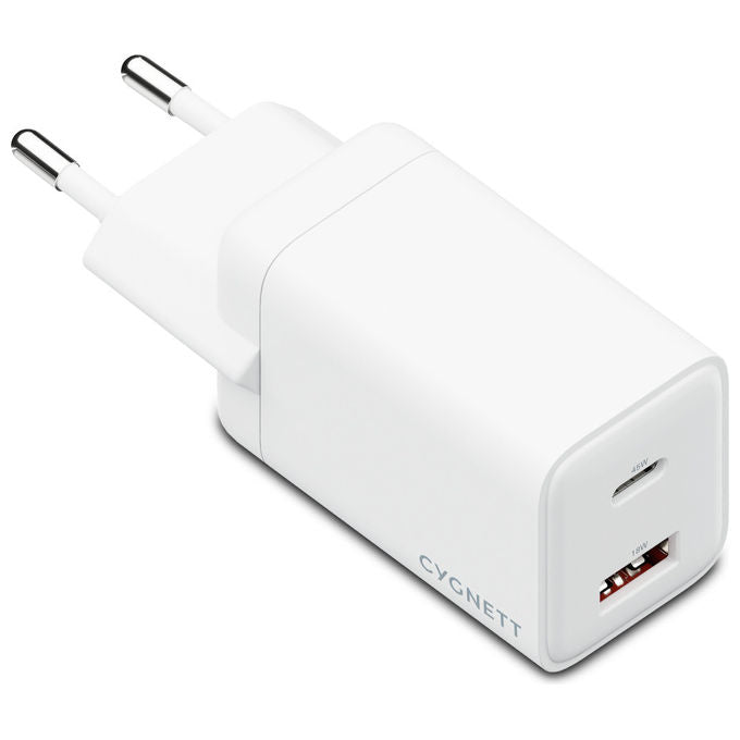 Cygnett CY5879PDWCH PowerPlus Caricatore da muro 65W doppia porta USB-C USB-A ricarica rapida GaN colore Bianco