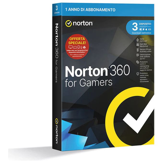 Norton 21483816 360 For Gamers 2026 Software Sicurezza ESD 3 Dispositivi 50 GB Backup Cloud Windows macOS Android iOS