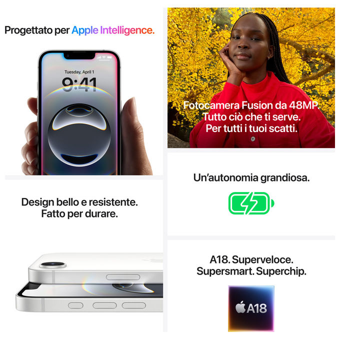 Apple MD1R4QL-A iPhone 16e Smartphone 6.1'' OLED 128GB 5G Chip A18 Fotocamera 48MP IP68 colore Bianco