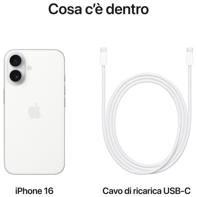 Apple MYE93QL-A iPhone 16 Smartphone 5G 6,1'' OLED 128GB chip A18 doppia fotocamera 48MP iOS 18 colore Bianco