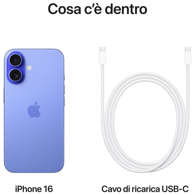 Apple MYEC3QL-A iPhone 16 Smartphone 5G 128GB Display 6.1'' OLED Chip A18 Doppia Fotocamera 48MP IP68 colore Blu