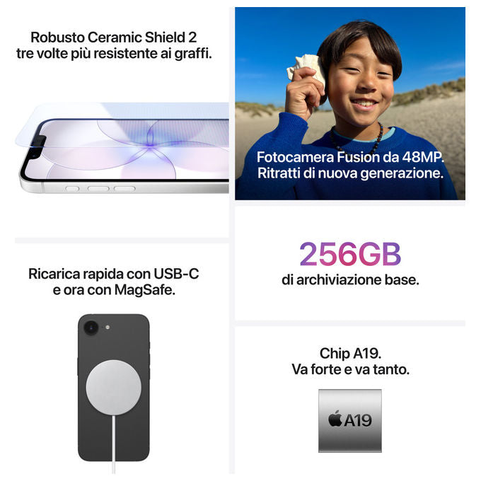 Apple MHRV4QL-A iPhone 17e Smartphone 5G 6,1'' OLED Chip A19 256GB Fotocamera 48MP MagSafe 15W colore Nero